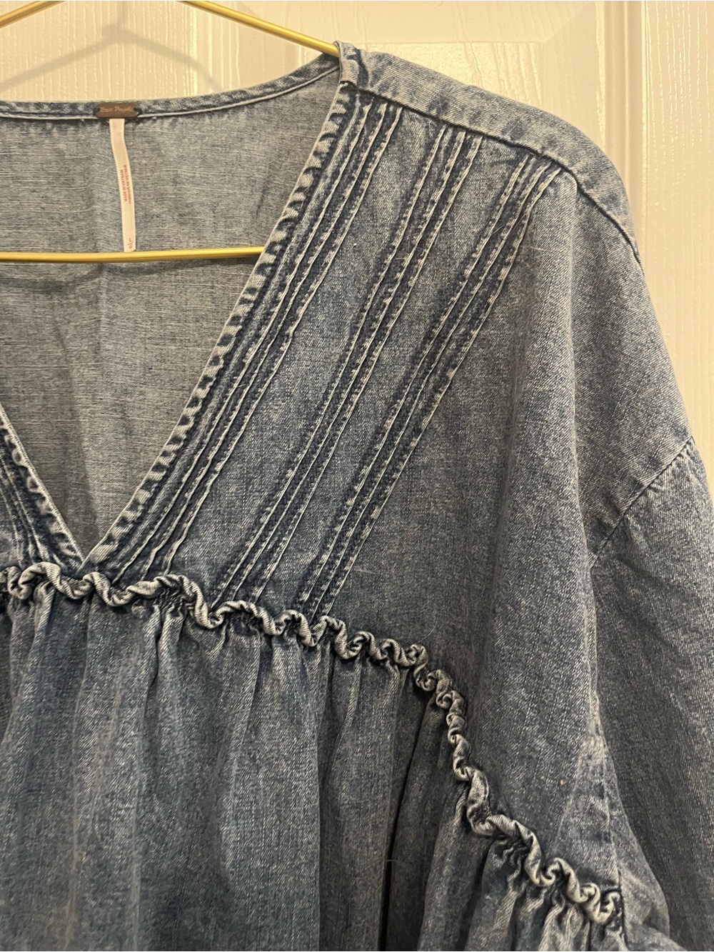 Free People Blue Denim Wash Babydoll Peplum Balloon Sleeve Top L - Picture 4 of 10